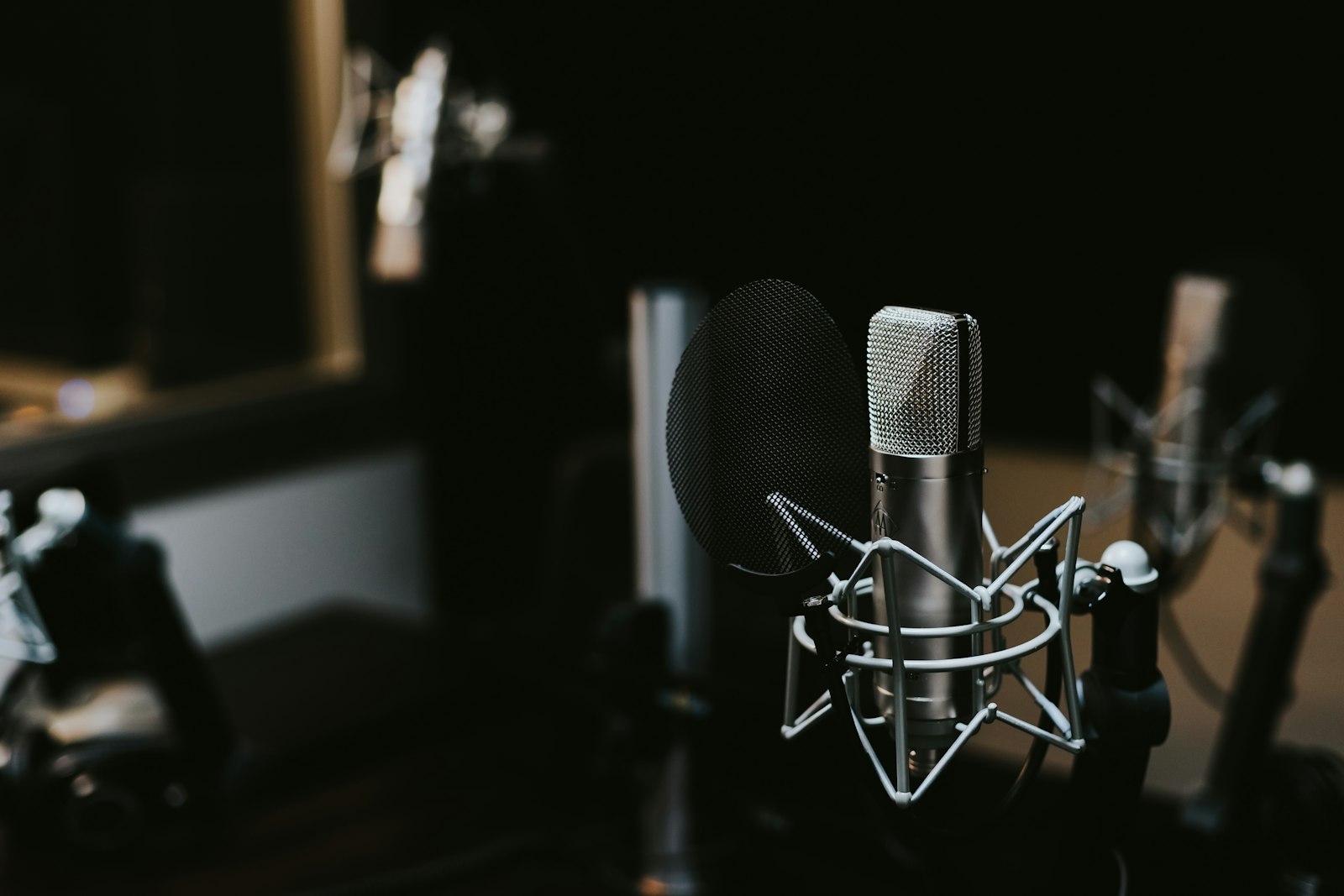A studio microphone in a shock mount